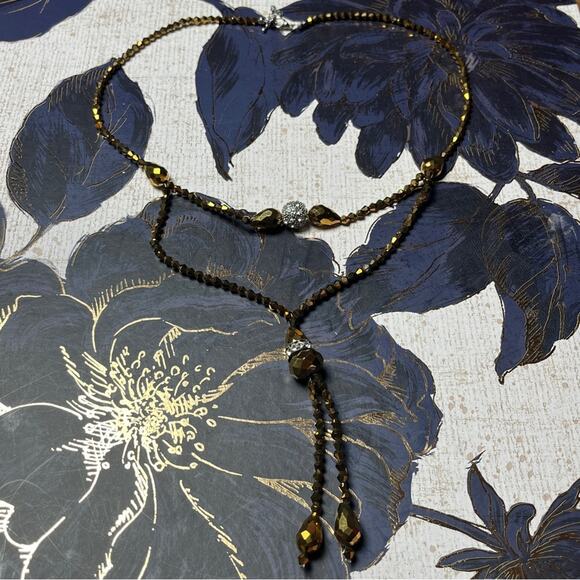 Estate Y2K Brown Faceted AB and Rhinestone Beaded Double Layer Drop Necklace D2 - Picture 4 of 14